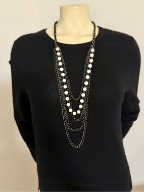 Layered Black Chain Necklace with White Pearl Beads - Women's Jewelry